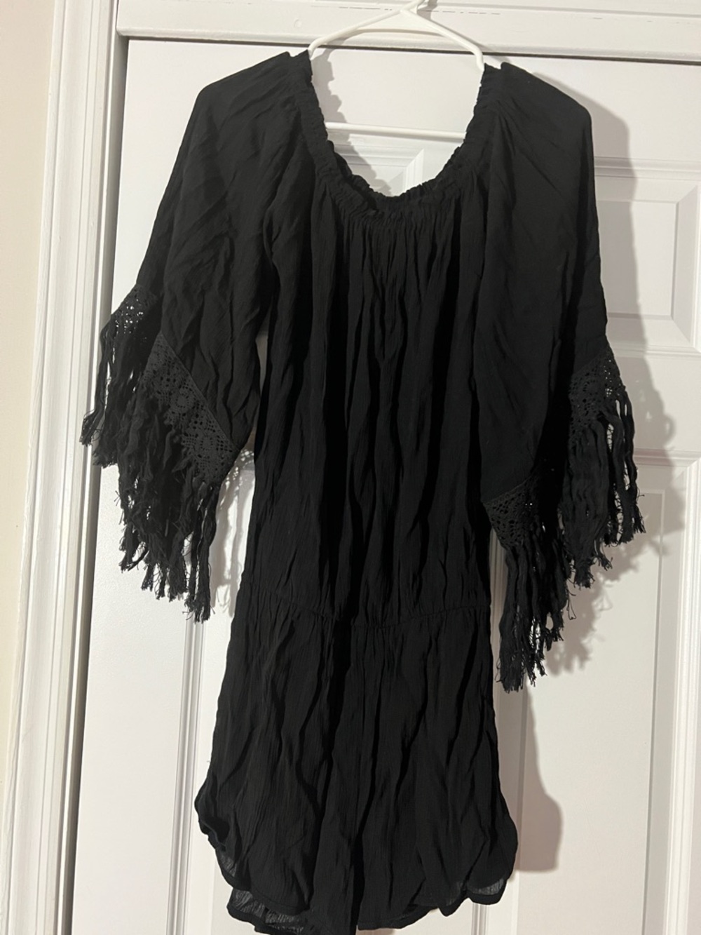 Elan Black Boho Fringe Tunic Romper